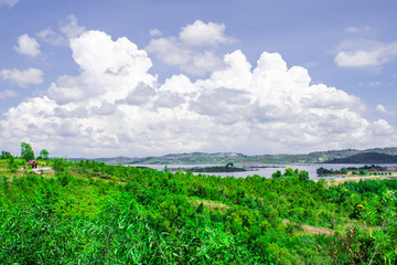 Fototapeta na wymiar Beautiful nature scene beside the river in Batam Island, Indonesia, Horizontal landscape sea view with bright sky clouds, Green nature background with white clouds
