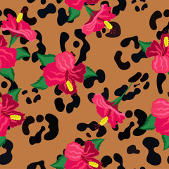 Seamless pattern with hibiscus flowers and print skins of an exotic animal. Vector image. © Екатерина Зирина