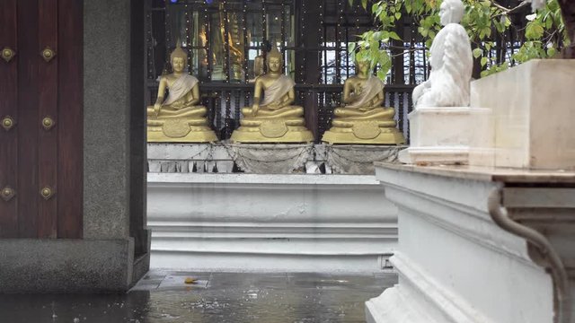 Rainfall in Seema Malaka temple in Colombo, Sri Lanka. Decorative, ornate, sitting Buddhist statues in temple courtyard.