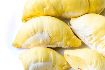 Close up durian flesh yellow gold Bright yellow tropical fruit. durian fruit in season tropics