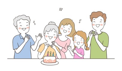 Vector family with cake celebrate birthday to grandmother.