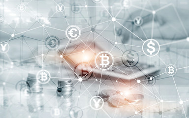 Bitcoin Euro Dollar Finance Web Money concept. oins on virtual screen double exposure.
