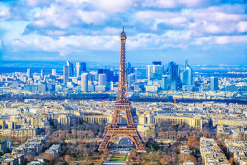Paris cityscape. Aerial view of the main attractions of Paris Eiffel Tower on background of...