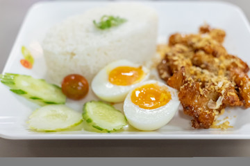 Fried Chicken with Garlic Pepper and boiled egg on Rice