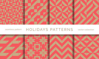Set of winter holidays seamless patterns. Merry Christmas and Happy New Year. Collection of simple geometric textured backgrounds with red and golden colors. Vector illustration. EPS 10 - 267889257