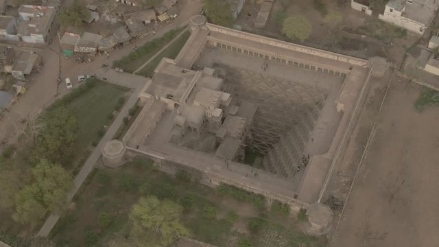 Chand Baori step well, Abhaneri, India, 4k aerial drone ungraded/flat footage