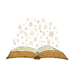 Open magic book and stars. Vector sketch old book in vintage style. Hand drawn ink illustration.