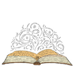Open magic book hand drawn. Stars and curls on the pages of an old book. Mystical concept. Vector illustration of vintage style sketch