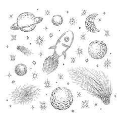 Rocket, planets, constellations, moon, stars. Set of space objects sketch. Hand drawn ink vector illustration.
