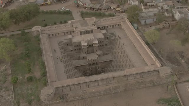 Chand Baori step well, Abhaneri, India, 4k aerial drone ungraded/flat footage