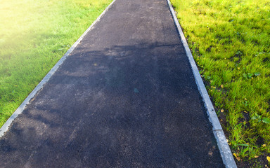 An asphalt road black color, the edges of bright green grass, to the left of the sun's rays....