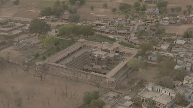 Chand Baori step well, Abhaneri, India, 4k aerial drone ungraded/flat footage