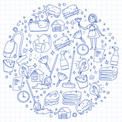 cleaning services company vector monochrome pattern on blue background, drawing pen.