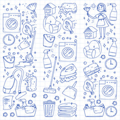 cleaning services company vector monochrome pattern on blue background, drawing pen.