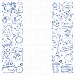 cleaning services company vector monochrome pattern on blue background, drawing pen.