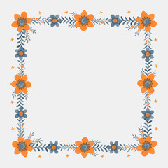 Floral greeting card and invitation template for wedding or birthday anniversary, Vector square shape of text box label and frame, Orange flowers wreath ivy style with branch and leaves.