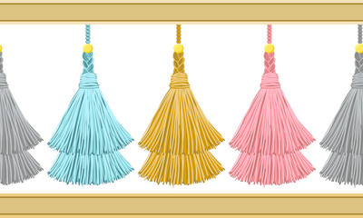 Seamless border pattern, abstract vector elements for design. Horizontal tassels from yarn or tread with beads and braid on cords, flat macrame style. Punchy pastel colors – blue, pink, green, yellow