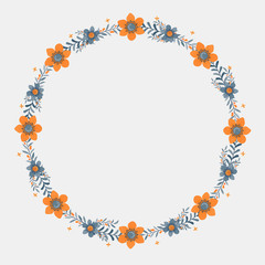 Floral greeting card and invitation template for wedding or birthday anniversary, Vector circle shape of text box label and frame, Orange flowers wreath ivy style with branch and leaves.