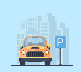 Parking lot with car in city. Sign for parking area