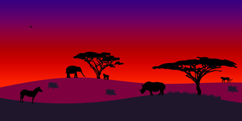 Fototapeta na wymiar African savanna landscape. Wild animals in National park. Safari travel concept.