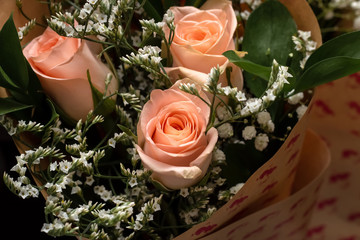 Fresh, lush bouquet of colorful roses paper background. Happy birthday, valentines day or womens day 8 march concept