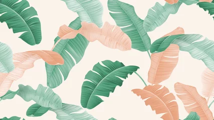 Gordijnen Tropical plants seamless pattern, green and orange banana leaves on light brown background, pastel vintage theme © momosama