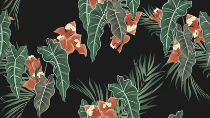 Poster Floral seamless pattern, Alocasia Polly plant, palm leaves and Bougainvillea flowers on dark grey background, pastel vintage theme © momosama