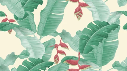 Schilderijen op glas Floral seamless pattern, Heliconia rostrata flowers and leaves on light yellow background, pastel vintage theme © momosama