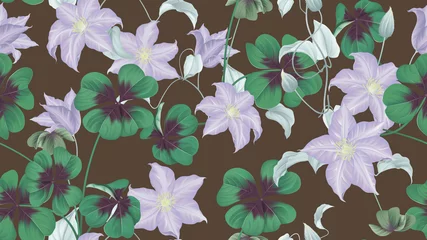 Muurstickers Floral seamless pattern, Oxalis tetraphylla or lucky clover and purple Clematis flowers on dark brown background, pastel vintage theme © momosama
