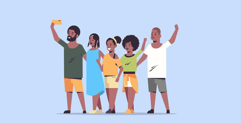 people group taking selfie photo on smartphone camera african american friends having fun male female cartoon characters full length flat horizontal