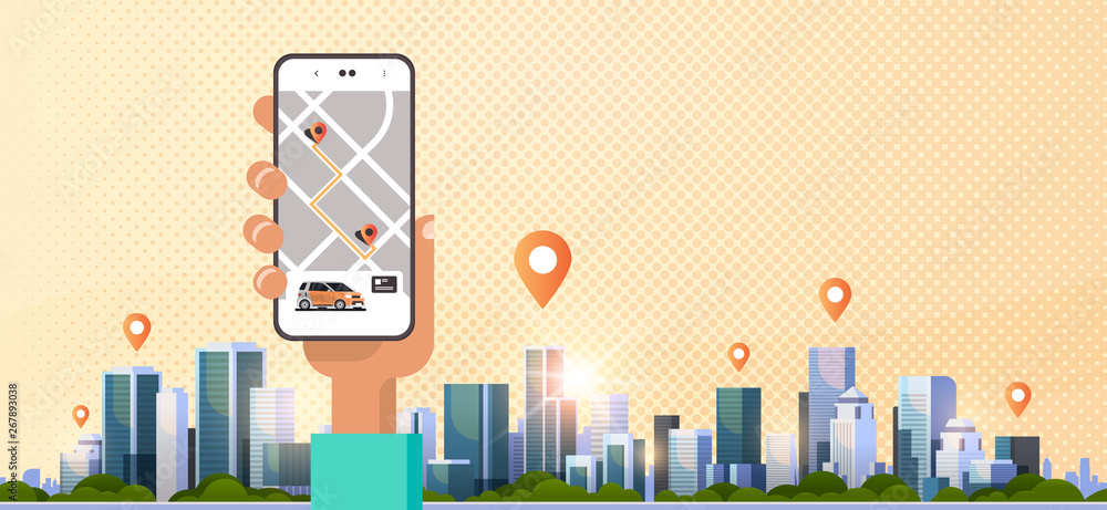 Poster human hand using online ordering taxi car sharing mobile application concept transportation carshari