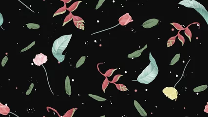 Gordijnen Floral seamless pattern, Heliconia rostrata flowers, tulips and leaves on dark grey background, pastel vintage theme © momosama