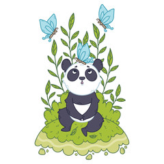 Cute little panda bear sitting in a meadow and blue butterflies are flying around.