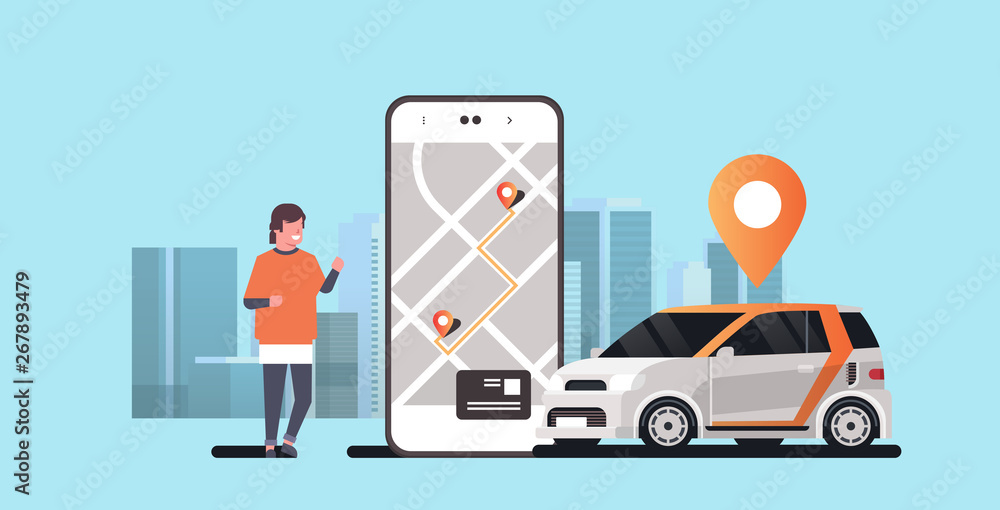 Poster man using mobile app ordering automobile vehicle with location mark rent car sharing concept transpo