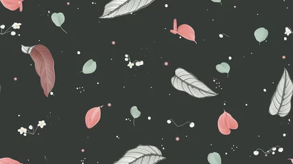 Gordijnen Floral seamless pattern, Calathea ornata, Anthurium, Thalictrum delavayi and eucalyptus on dark green background, pastel vintage theme © momosama