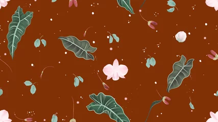 Fotobehang Floral seamless pattern, Alocasia Polly, Dendrobium orchid and Red maple seeds on brown background, pastel vintage theme © momosama