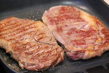 Two steaks cooked on the pan	