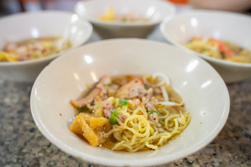 Thai style noodle soup , Boat pork noodles Kuetiau Lua Payak Bangkok Thailand.