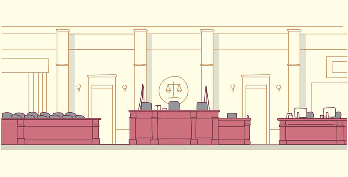 Empty Courtroom With Wooden Furniture Judge And Secretary Workplace Jury Box Seats Modern Courthouse Interior Justice And Jurisprudence Concept Horizontal Banner Sketch Doodle