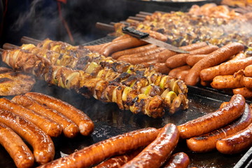 Large assortment of grilled sausages and kebabs at  Cracow christmas market