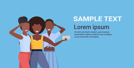 women group taking selfie photo on smartphone camera african american female cartoon characters standing together posing on blue background flat horizontal copy space portrait