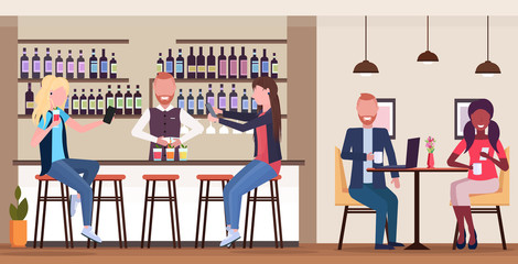 girl taking selfie photo on smartphone camera mix race people relaxing in bar drinking cocktails barman and waitress serving clients modern cafe interior flat horizontal full length