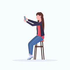 woman taking selfie photo on smartphone camera blonde female cartoon character sitting on chair posing on white background flat full length