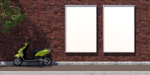 3d-illustration two vertical blank advertising billboard on brick wall