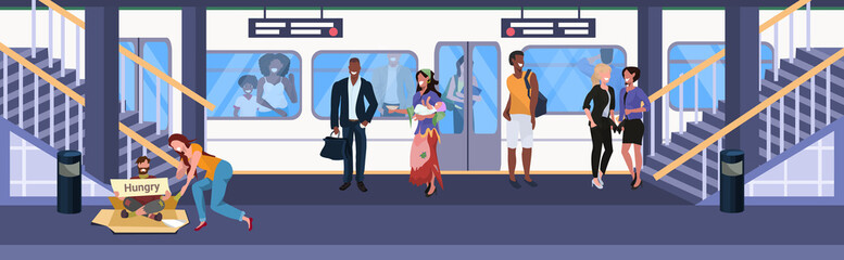 Obraz premium man begging for help girl giving money to beggar with sign board homeless concept mix race passengers at subway railway underground station standing on platform flat horizontal full length