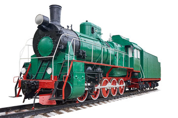 Old steam locomotive standing on rails, vintage train, general view. Isolated on white.