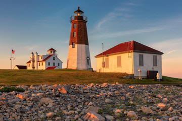 Famous Rhode Island Lighthouse at sunset, Point Judith lighthouse, Rhode Island, USA. 
