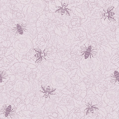 Vector Honey Bees with Roses in Pink seamless pattern background.