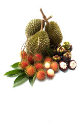 rambutan with leaf durian and mangosteen isolated on white background