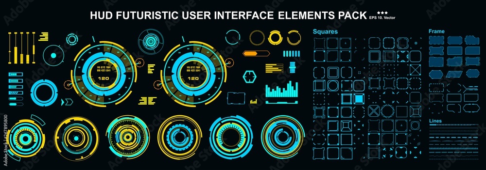 Fototapete HUD elements mega set pack. Dashboard display virtual reality technology screen. Futuristic user interface.